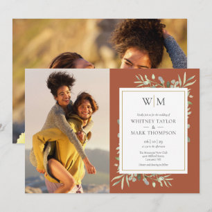 Convite Casamento Fotográfico Monograma Greenery Terracot