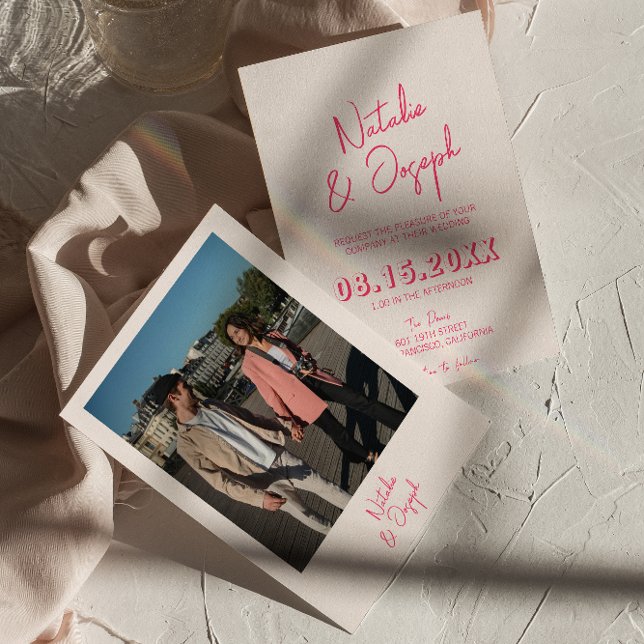 Convite Casamento Fotográfico Retro Brilhante Rosa Moderno (Criador carregado)