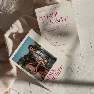 Convite Casamento Fotográfico Retro Francês Cinza-Rosa Mod