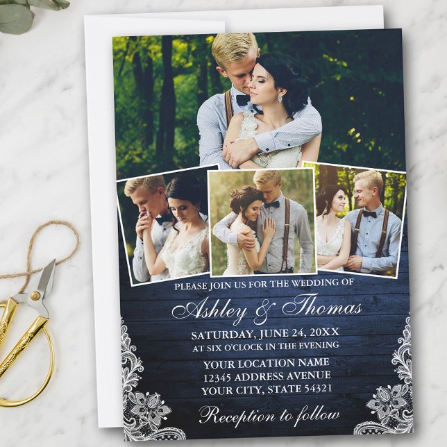 Convite Casamento Fotográfico Rustic Blue Wood Lace 4 (Customize to add more text or more photos to back of card.)