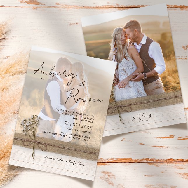 Convite Casamento Fotográfico Rustic Faux Burlap Wood Flow (Criador carregado)