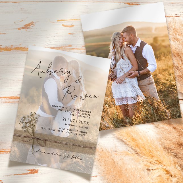 Convite Casamento Fotográfico Rustic Twine Burlap Wildflow (Criador carregado)