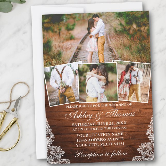 Convite Casamento Fotográfico Rustic Wood Lace 4 (Customize to add more text or more photos to back of card.)