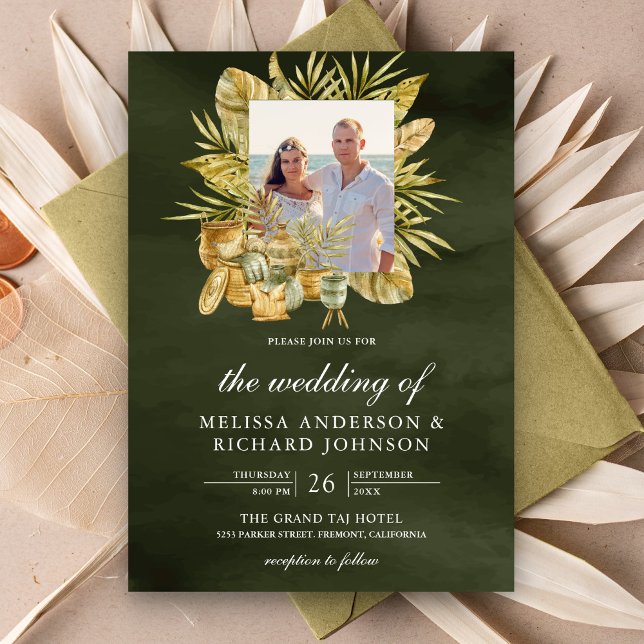 Convite Casamento Fotográfico Tropical Boho Folhas Secas d (Criador carregado)