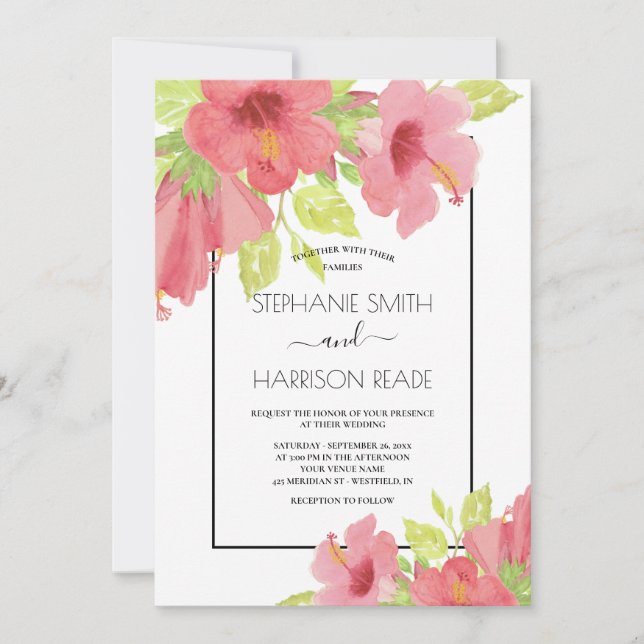 Convite Casamento Frameado Romântico de Hibiscus Floral, R (Frente)