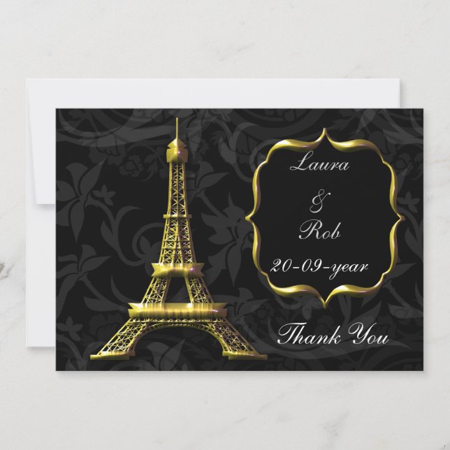 Convite Casamento Francês da Torre Eiffel Dourado Obrigado (Frente)