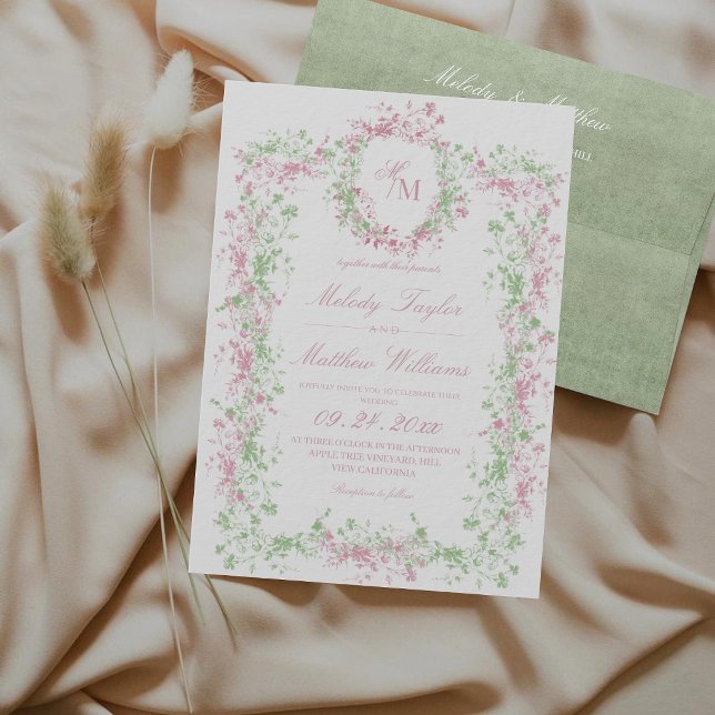 Convite Casamento Francês Delicado Blush & Sage (Criador carregado)