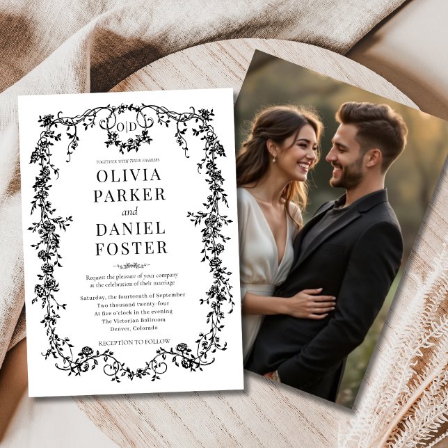 Convite Casamento Francês Vitoriano Floral de Foto Branca  (Criador carregado)