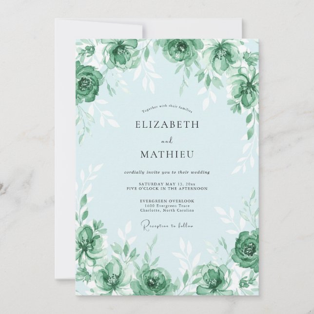 Convite Casamento Fresco de Primavera em Verde Hortelã (Frente)