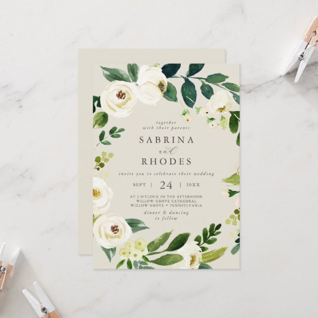 Convite Casamento Frontal De Champanhe Branco Elegante (Frente/Verso In Situ)