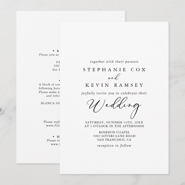 Convite Casamento frontal e traseiro com Na moda idílico (Frente/Verso)