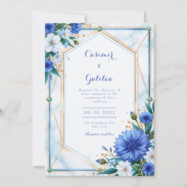 Convite Casamento Fronteira Geométrica Centáurea Azul (Frente)