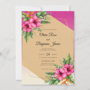 Convite Casamento Fuchsia Tropical Hibiscus Grey Eucalyptu
