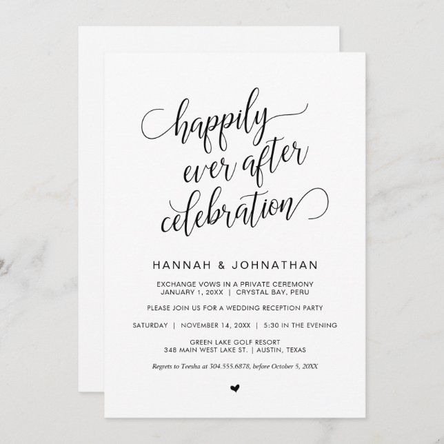 Convite Casamento Fuga, Simples Caligrafia Preta Clássica (Frente/Verso)