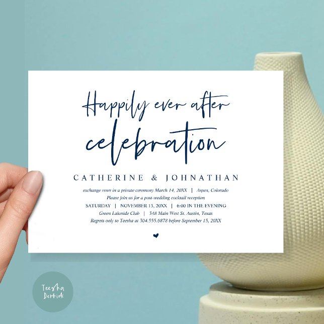 Convite Casamento Fugitivo, Celebração Feliz para Sempre (Happily Ever After Celebration Dinner or Lunch or brunch Invitation Card, PDF, in Navy Blue)