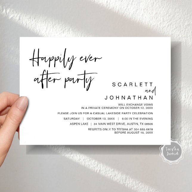 Convite Casamento Fugitivo, Festa Feliz para Sempre (Wedding Elopement, Happily Ever After Party Invitation Card, Printed file, Modern minimalist script)