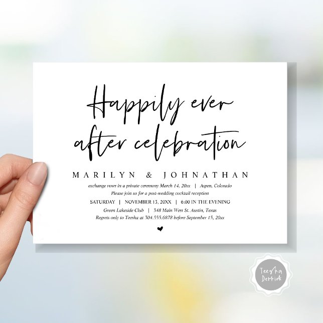 Convite Casamento Furtivo, Celebração Feliz para Sempre (Wedding Elopement, Happily Ever after Celebration Invitation Card, Printed, File, in Black and white)