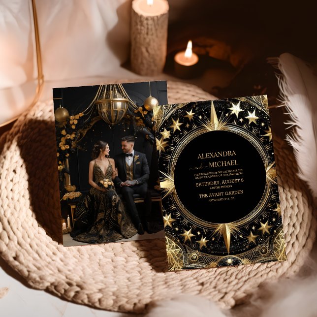 Convite Casamento Galáxia Celestial Dourado Preto Místico  (Criador carregado)