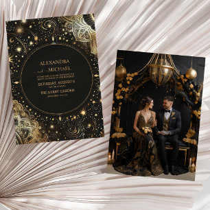 Convite Casamento Galáxia Celestial Dourado Preto Místico