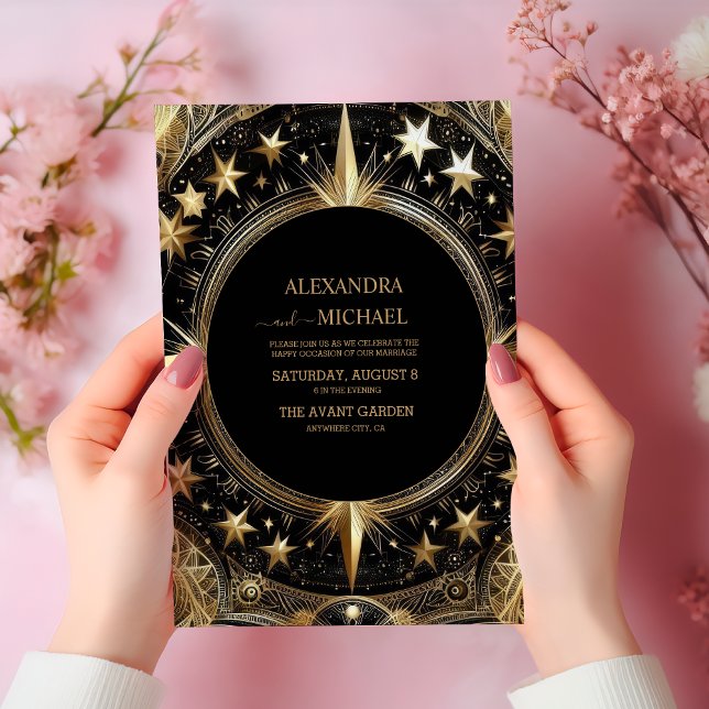 Convite Casamento Galáxia Celestial Ouro Preto Místico (Criador carregado)