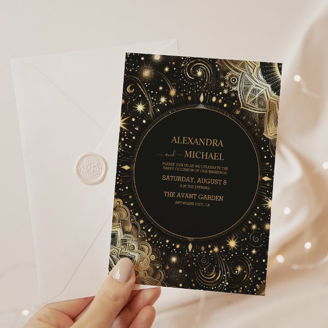 Convite Casamento Galáxia Celestial Ouro Preto Místico (Criador carregado)