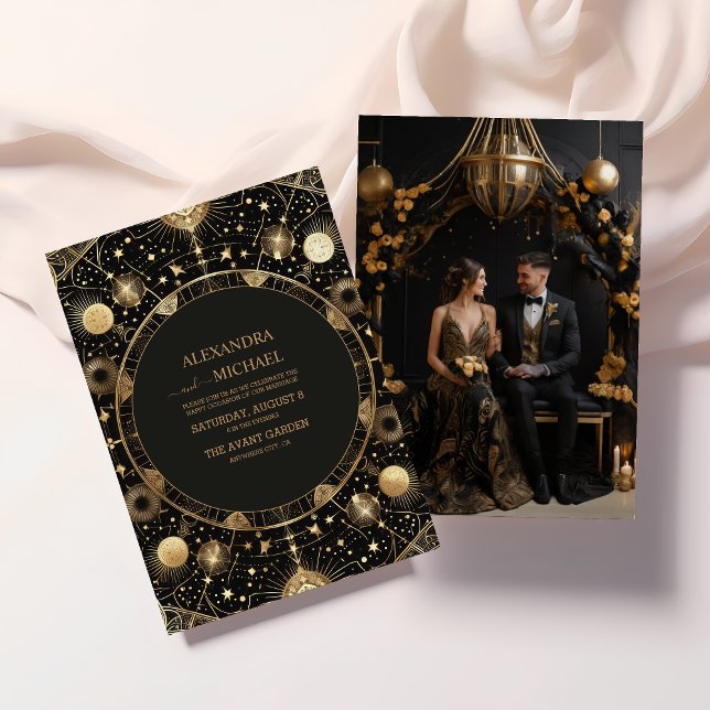 Convite Casamento Galáxia Celestial Preto Místico Dourado (Criador carregado)