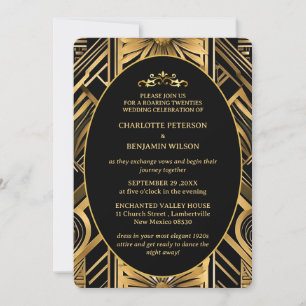 Convite Casamento Gatsby Art Deco Preto e Dourado dos Anos