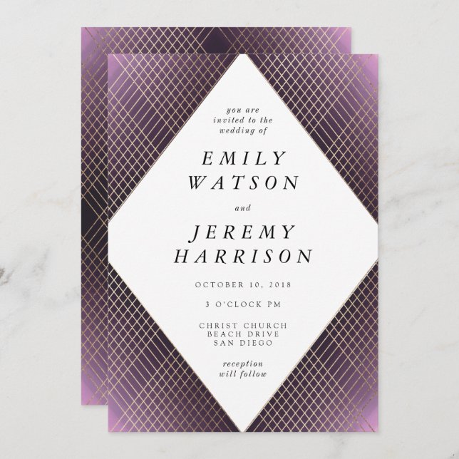 Convite Casamento Gatsby Dourado com Deco Roxo Geométrico  (Frente/Verso)