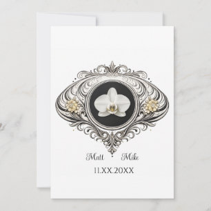 Convite casamento gay com orquídea vintage em preto e bran