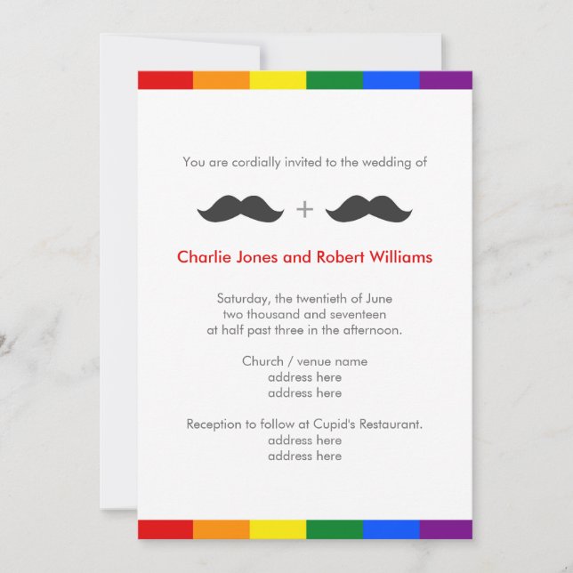 Convite Casamento Gay LGBT Mustaches Rainbow (Frente)