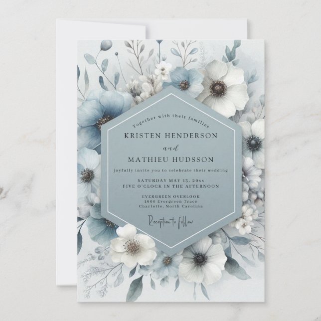 Convite Casamento Geada Flor Slate Azul (Frente)