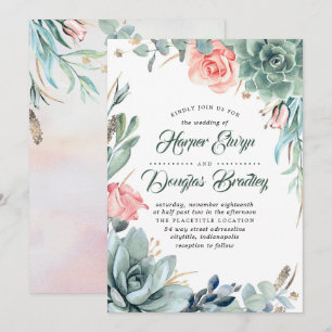 Convite Casamento Genérico Rosa Moderno Suculento