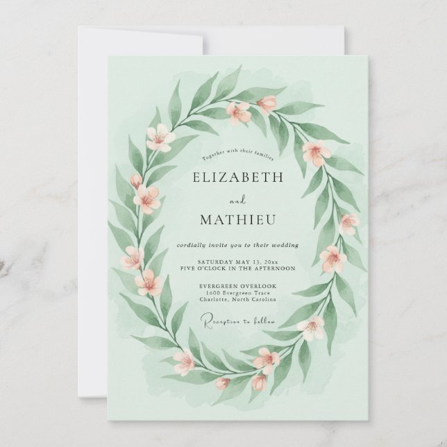 Convite Casamento Gentil de Primavera em Verde Hortelã (Frente)