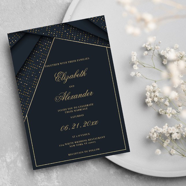 Convite Casamento geométrico abstrato escuro azul elegante (Abstract dark blue elegant gold geometric wedding)