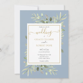 Convite Casamento Geométrico Azul Poeirento Verde Dourado 