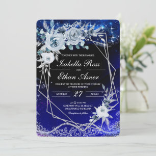 Convite Casamento Geométrico Azul Real e Branco Prateado