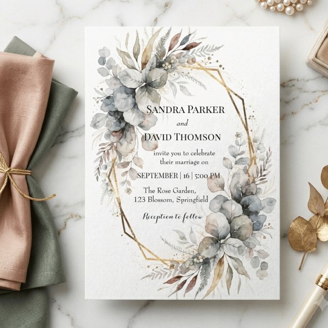 Convite Casamento Geométrico Boho Aquarela Folhagem Dourad (Criador carregado)