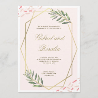 Convite Casamento Geométrico Bordado com Floral em Dourado
