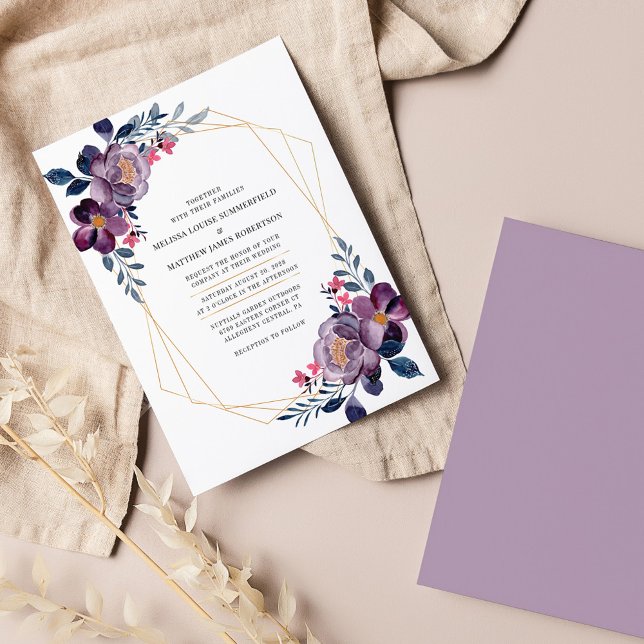 Convite Casamento Geométrico Botânico Púrpura Floral (Purple Flowers Geometric Wedding Invitation)