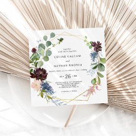 Convite Casamento Geométrico Burgundy Floral e Greenery