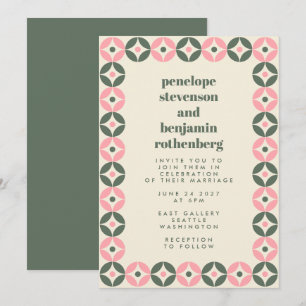 Convite Casamento Geométrico Chic Rosa e Verde do Mod Mé