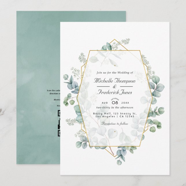 Convite Casamento Geométrico Código QR Eucalipto Aquarela (Frente/Verso)