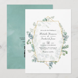 Convite Casamento Geométrico Código QR Eucalipto Aquarela