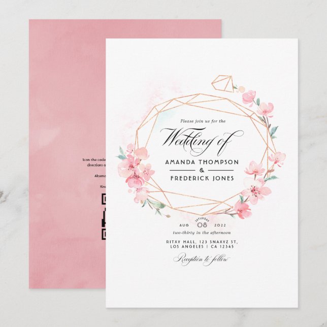 Convite Casamento Geométrico Código QR RSVP Flor de Cereje (Frente/Verso)