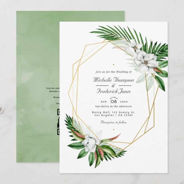 Convite Casamento Geométrico Código QR RSVP Tropical Verde (Frente/Verso)