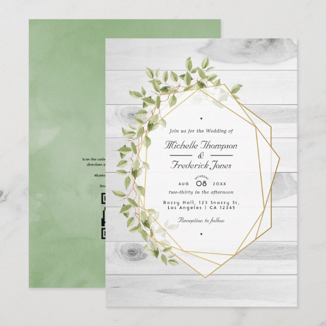 Convite Casamento Geométrico Código QR RSVP Vegetação Rúst (Frente/Verso)