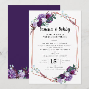Convite Casamento Geométrico com Esquema Roxo Floral