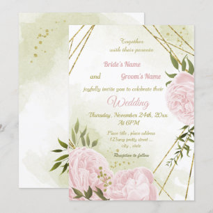 Convite Casamento geométrico com flores rosa bonito