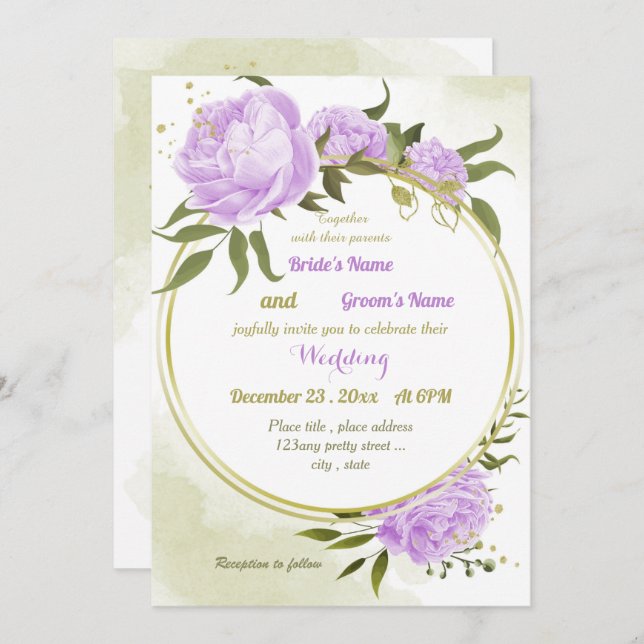 Convite Casamento geométrico com flores roxas bonito (Frente/Verso)