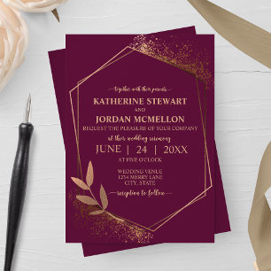 Convite Casamento Geométrico com Folha de Merlot e Bronze
